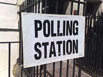 Polling station sign, London. UK general elect...