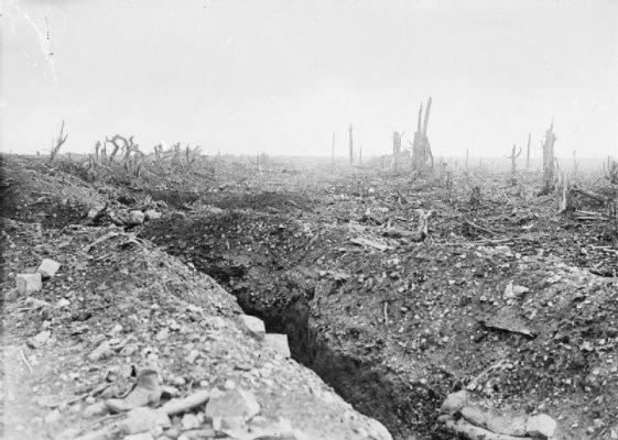 The Badly Shelled Road to Bapaume (20 Sept 1916) By Lt Ernest Brooks, via Wikimedia Commons