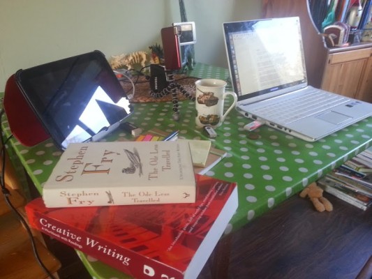 Desk with laptop etc