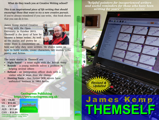 We'll be replacing the bright green THEMSELF with white text the same sort of size in a different font.